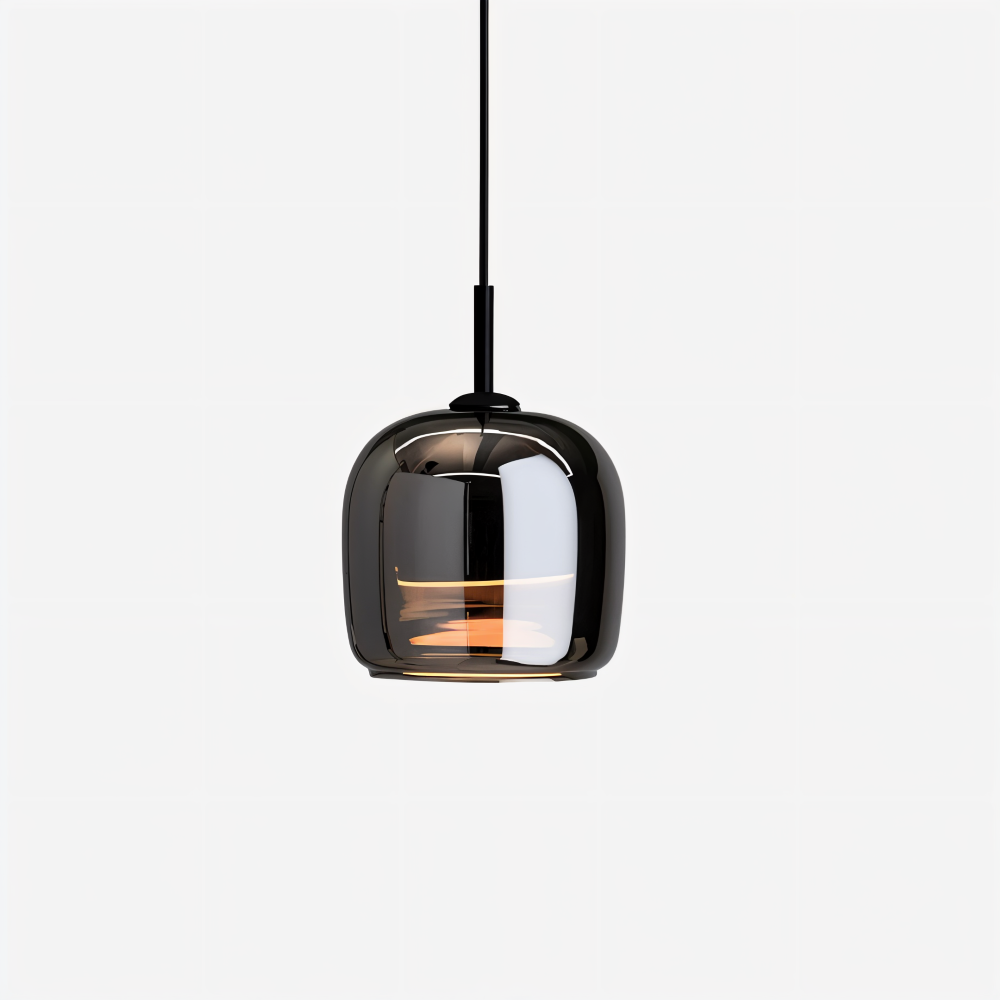 Pendellampe i sortgråt glas – elegant kelchdesign med varmt lys