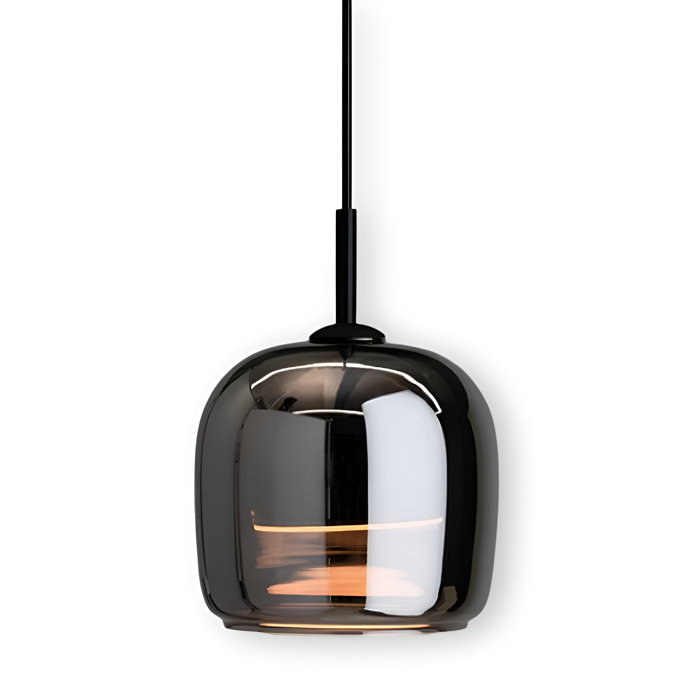Pendellampe i sortgråt glas – elegant kelchdesign med varmt lys