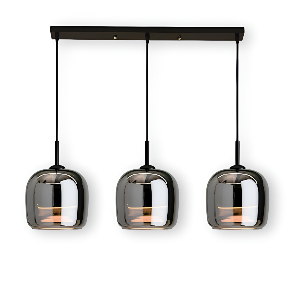 Pendellampe i sortgråt glas – elegant kelchdesign med varmt lys