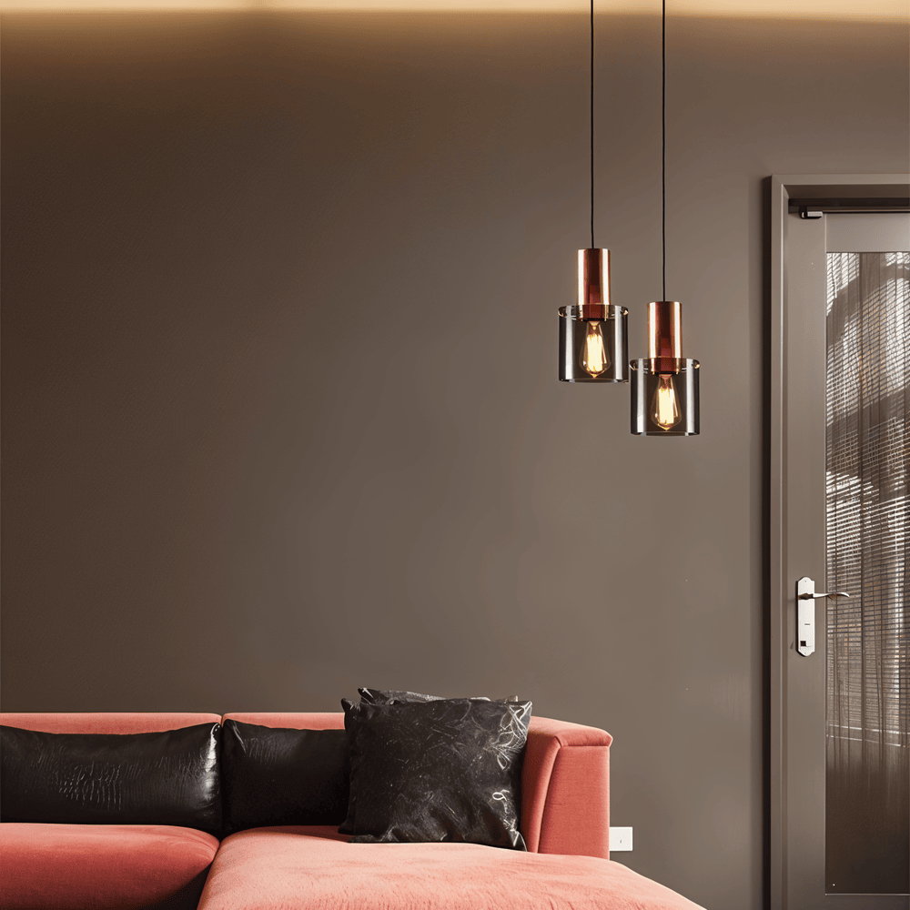 Cylindrisk pendellampe i glas og metal
