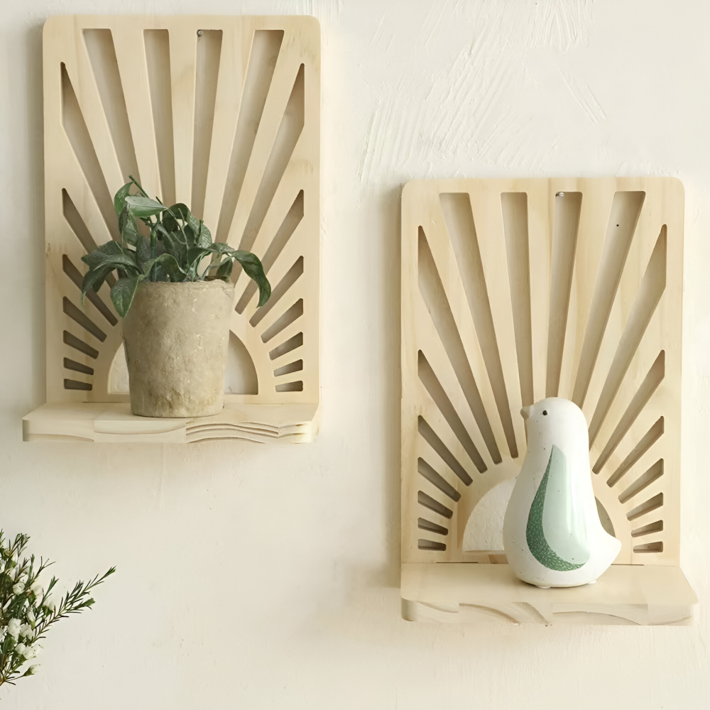 SolAura Hylde – Boho Solstråleformet Træhylde til Planter & Dekor