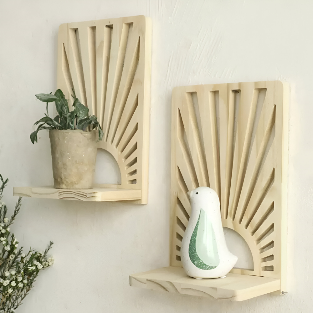 SolAura Hylde – Boho Solstråleformet Træhylde til Planter & Dekor