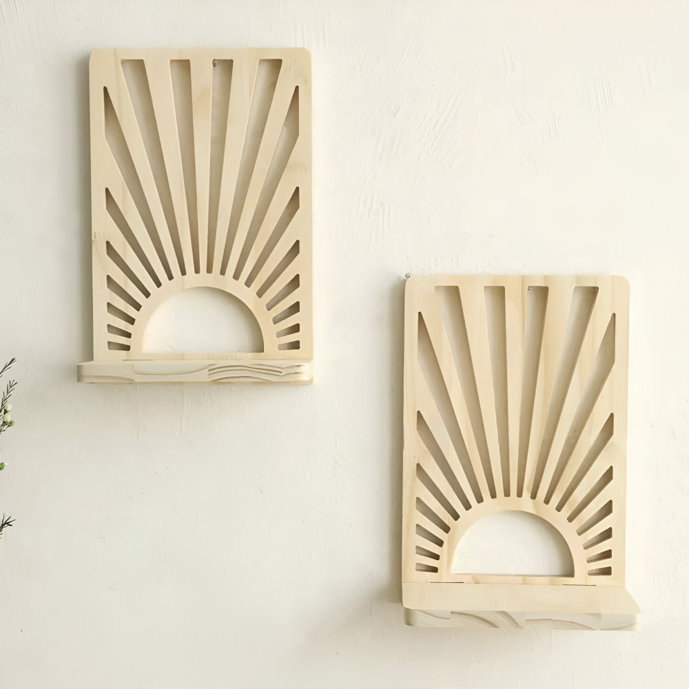 SolAura Hylde – Boho Solstråleformet Træhylde til Planter & Dekor