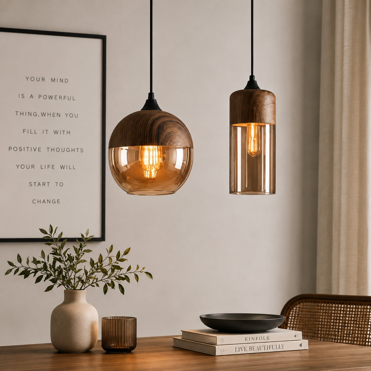 Retro pendellampe i tonet glas og metal
