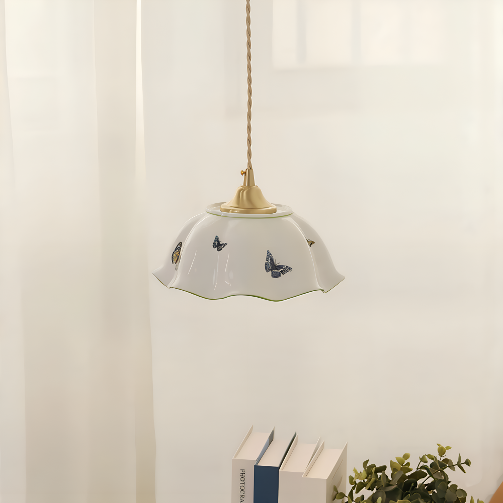Keramisk pendellampe med sommerfugledesign – LED loftlampe i elegant stil
