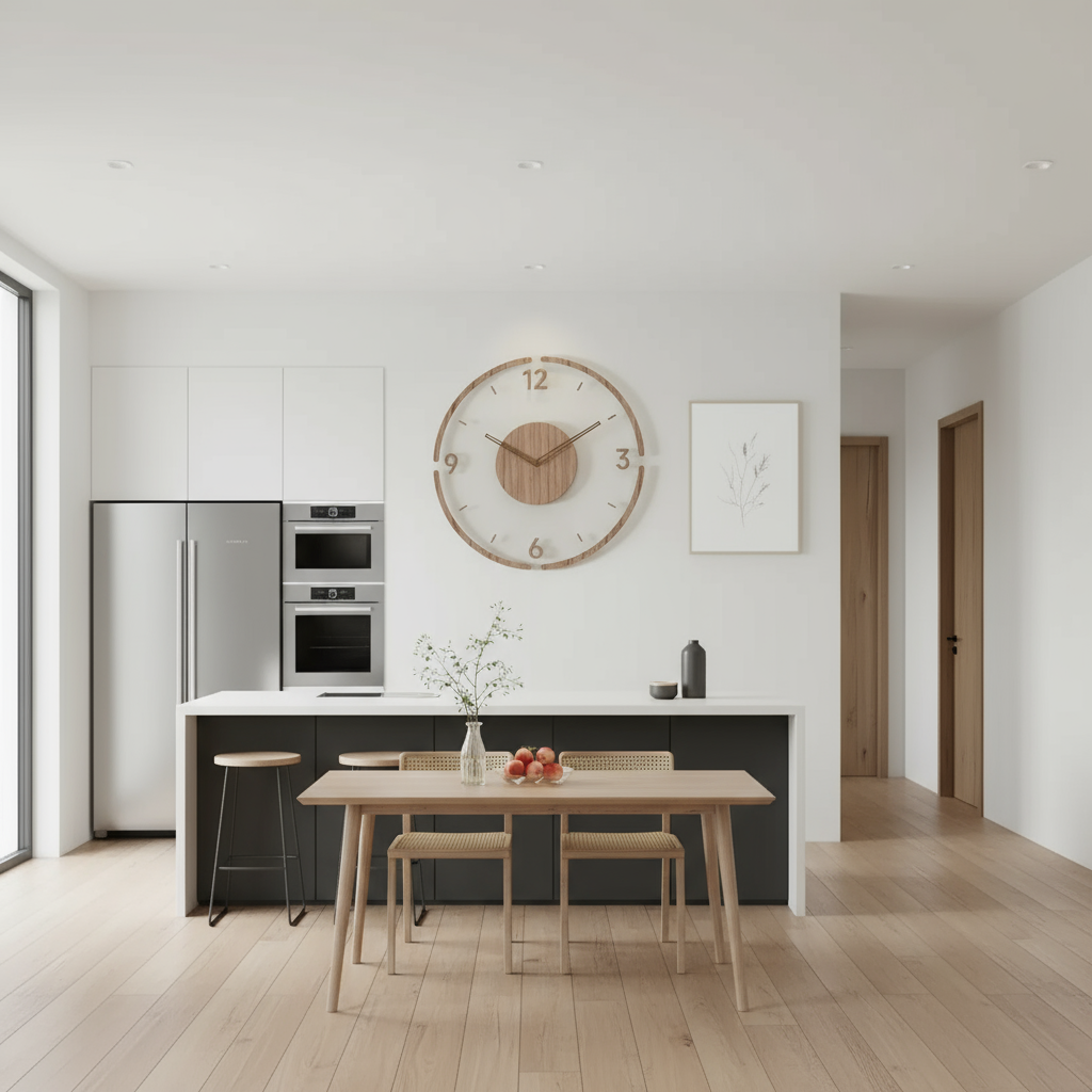 Vægur i træ med store tal – lydløst design i skandinavisk stil