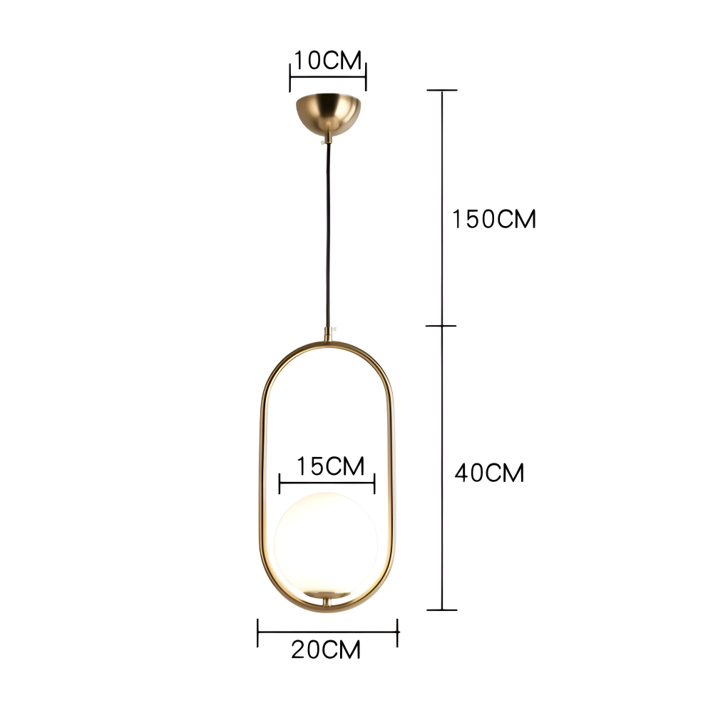 Moderne guld pendel lampe med glaskugle og ellipse design