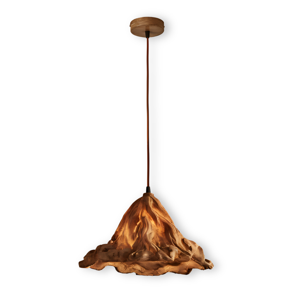 Vulkan pendellampe i resin og metal – kunstnerisk loftlampe med varmt lys