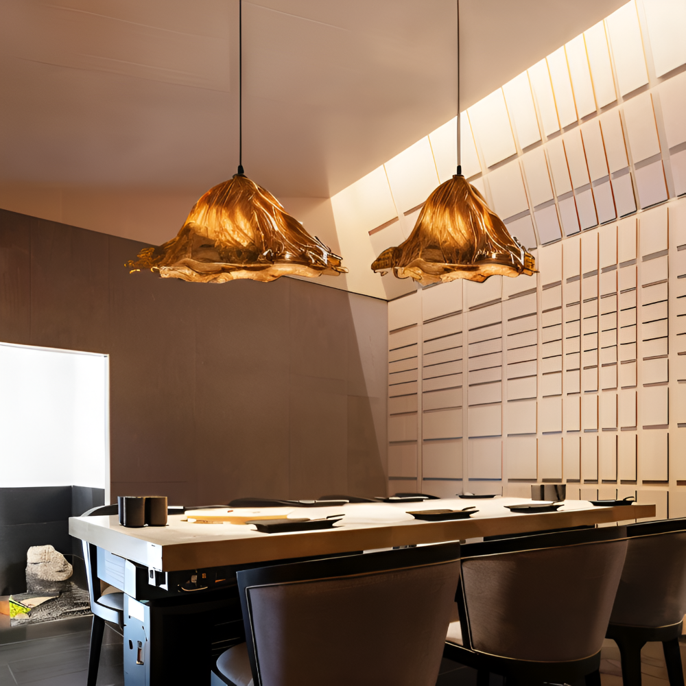 Vulkan pendellampe i resin og metal – kunstnerisk loftlampe med varmt lys
