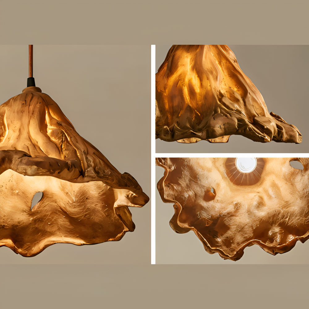 Vulkan pendellampe i resin og metal – kunstnerisk loftlampe med varmt lys