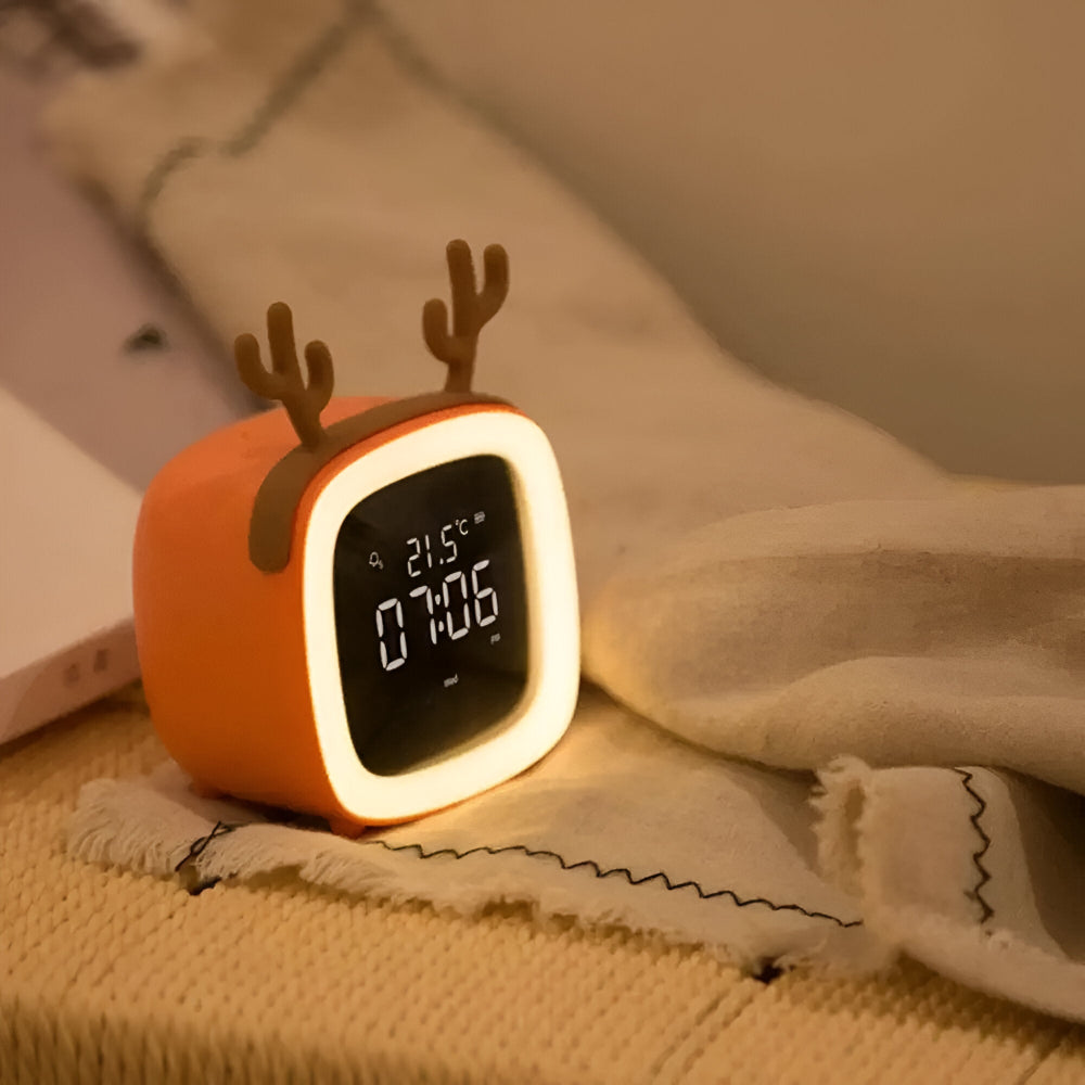 LED vækkeur til børn med kaninører – natlampe med timer