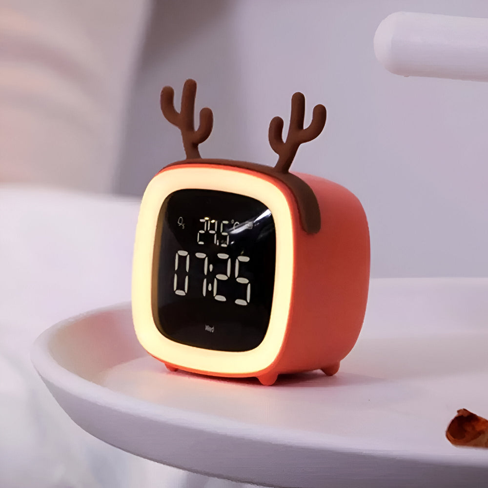 LED vækkeur til børn med kaninører – natlampe med timer