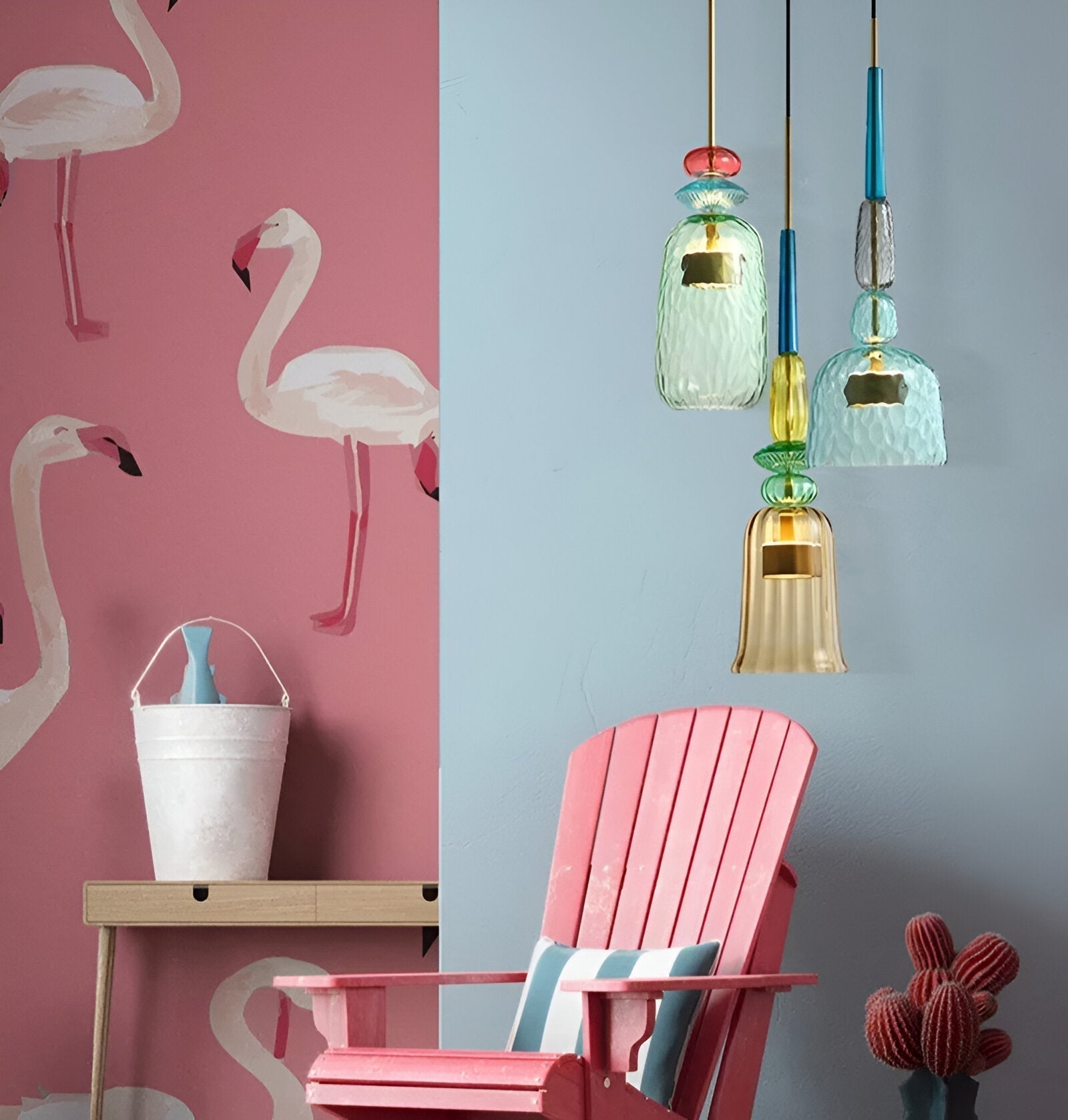 Farverig glas pendellampe – nordisk macaron design med dæmpbar LED