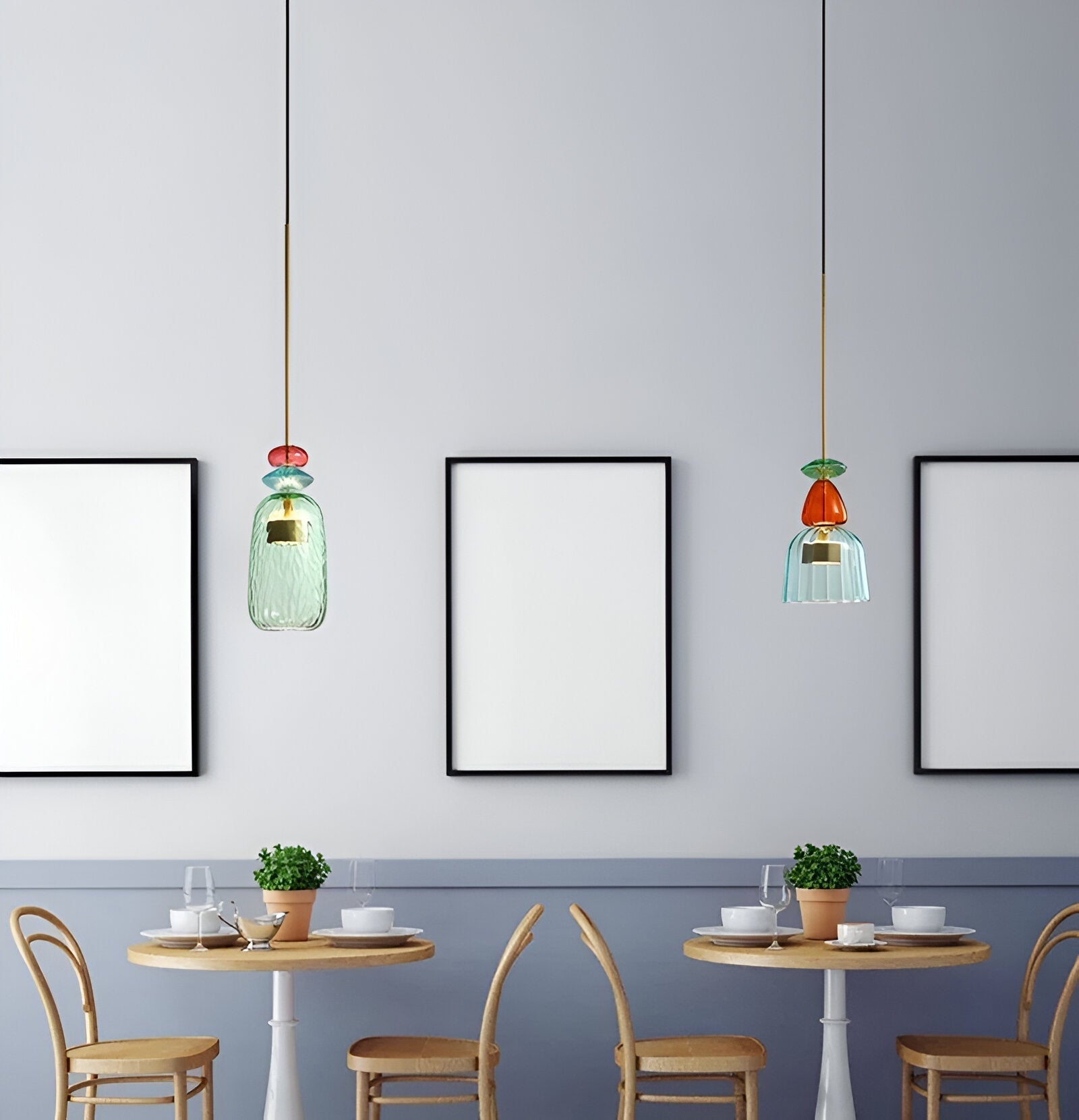 Farverig glas pendellampe – nordisk macaron design med dæmpbar LED