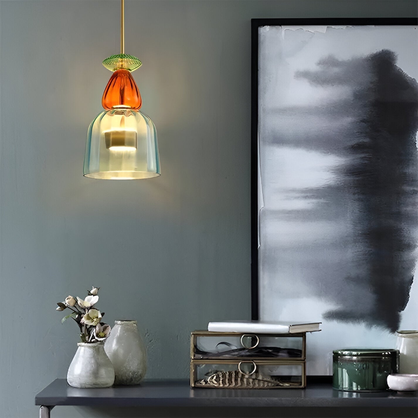 Farverig glas pendellampe – nordisk macaron design med dæmpbar LED