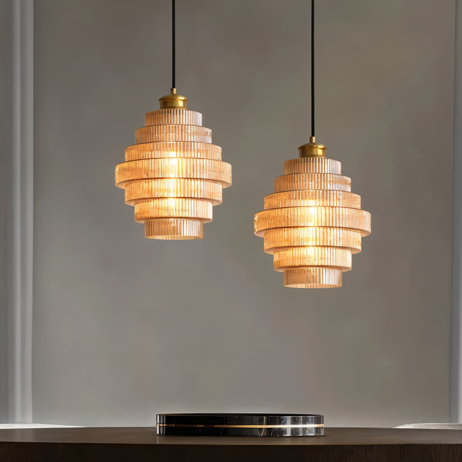 Pendellampe i glas og messing – retro lampe med lagdelt design