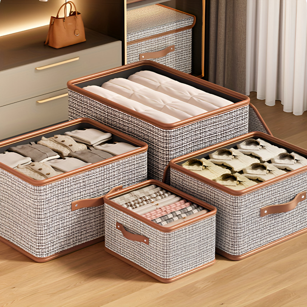 Stor opbevaringskasse med låg i stof foldbar og stilren