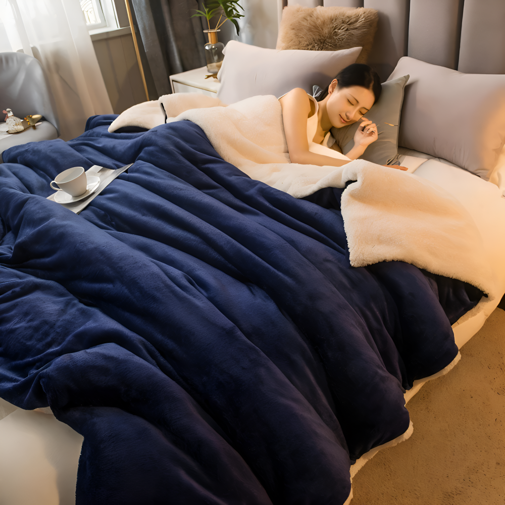 Dobbeltvendet vinterplaid i flannel og fleece