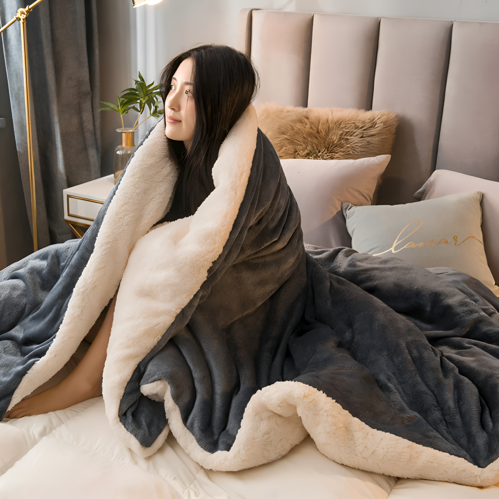 Dobbeltvendet vinterplaid i flannel og fleece