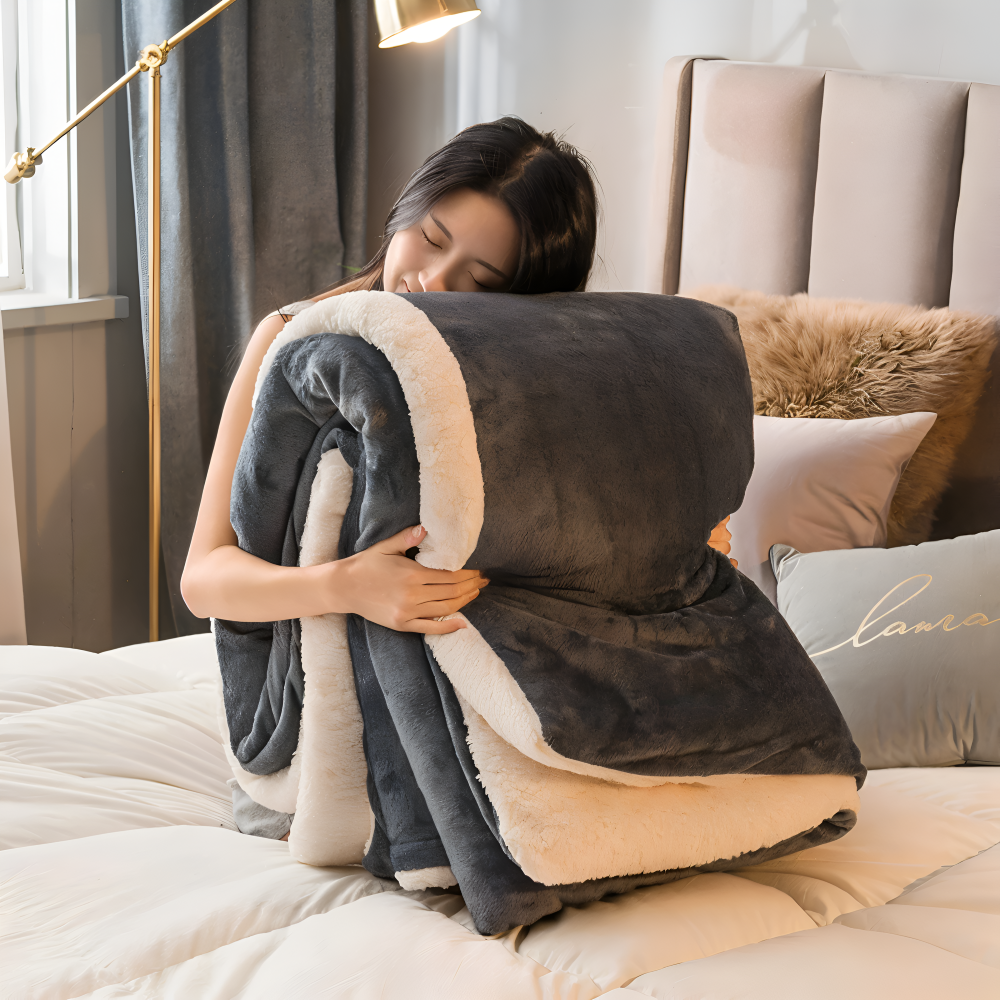 Dobbeltvendet vinterplaid i flannel og fleece