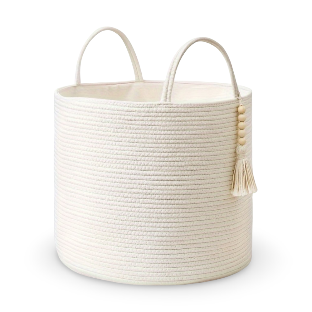 Makramé opbevaringskurv i bomuld med boho design