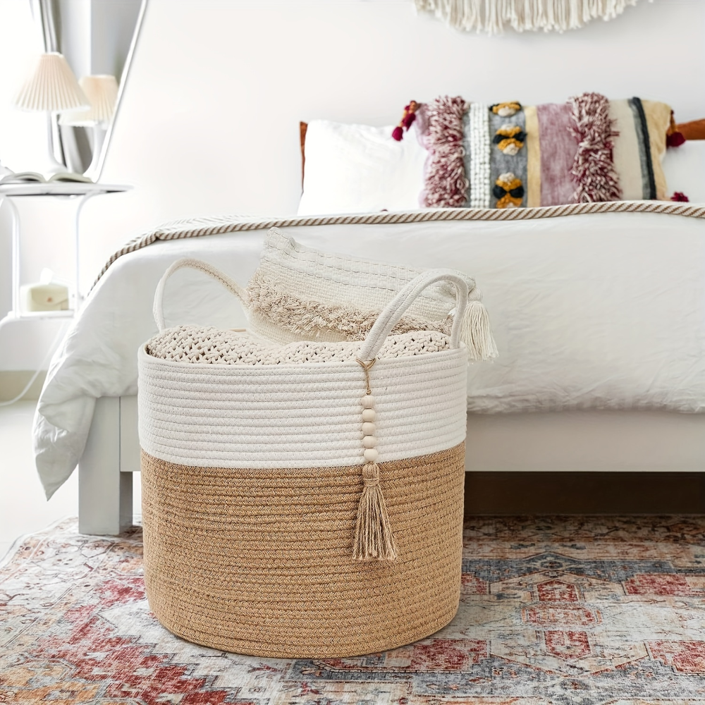 Makramé opbevaringskurv i bomuld med boho design