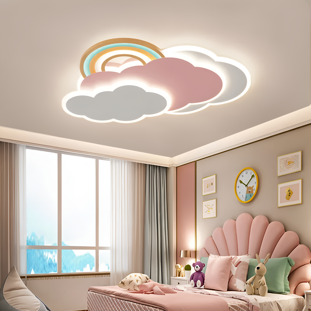 Farverig LED loftlampe med sky og regnbue – børneværelse