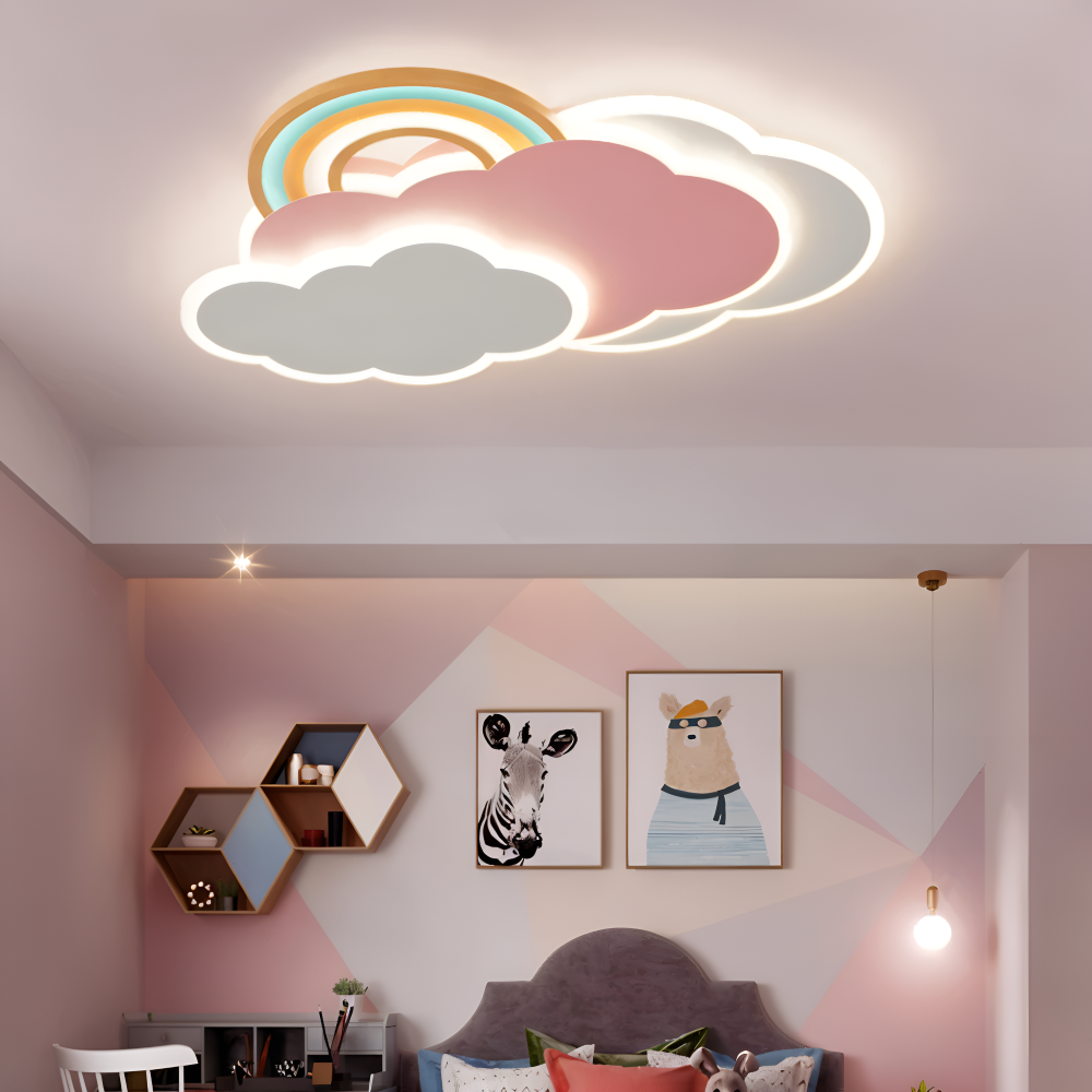Farverig LED loftlampe med sky og regnbue – børneværelse