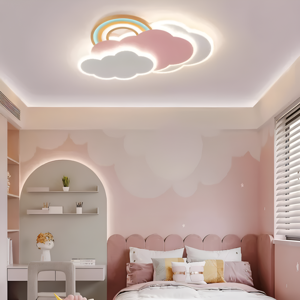 Farverig LED loftlampe med sky og regnbue – børneværelse