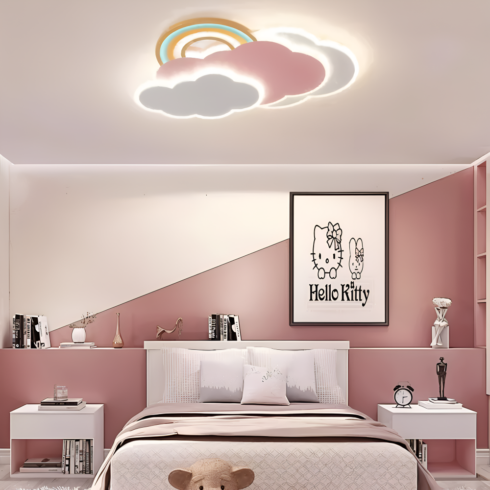 Farverig LED loftlampe med sky og regnbue – børneværelse