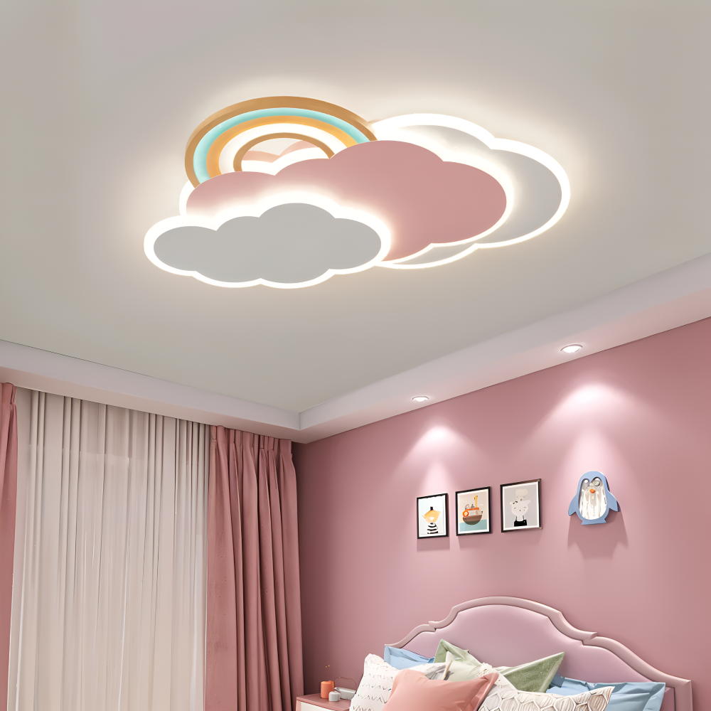 Farverig LED loftlampe med sky og regnbue – børneværelse