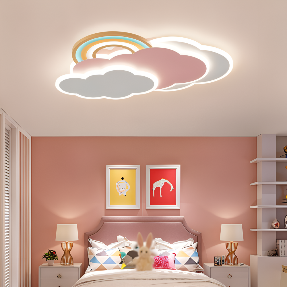 Farverig LED loftlampe med sky og regnbue – børneværelse