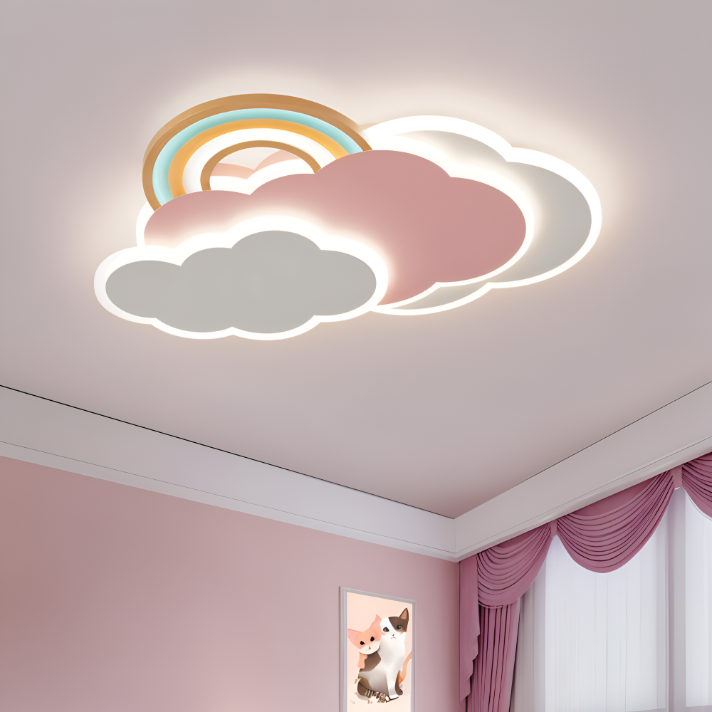 Farverig LED loftlampe med sky og regnbue – børneværelse