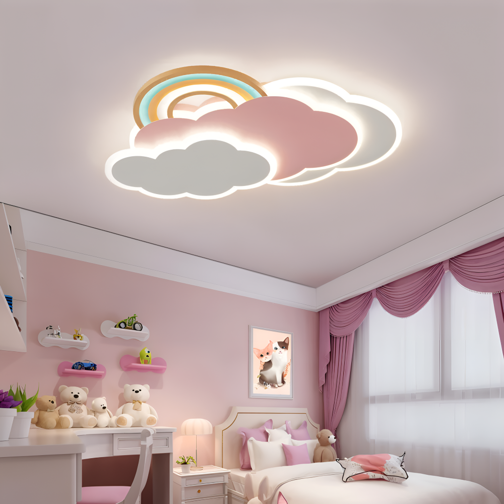 Farverig LED loftlampe med sky og regnbue – børneværelse