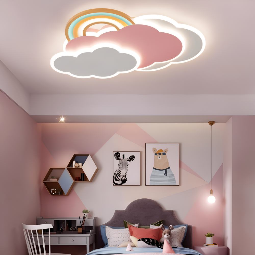 Farverig LED loftlampe med sky og regnbue – børneværelse