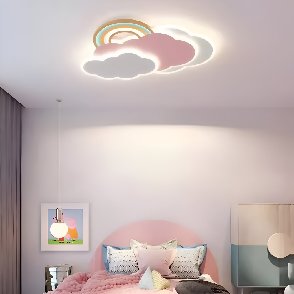 Farverig LED loftlampe med sky og regnbue – børneværelse