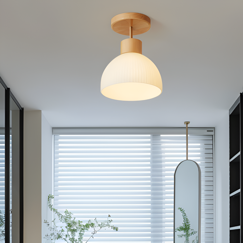 Auralis – Nordisk Ribbet Loftlampe i Glas og Træ