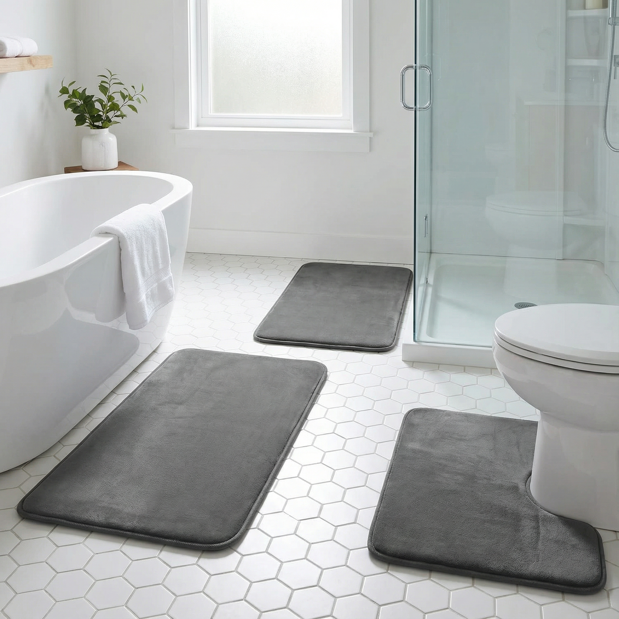 Bademåttesæt i velour og memory foam – 3 dele