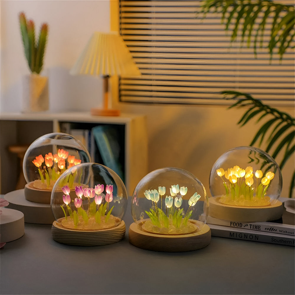 LED blomsterlampe tulipaner – dekorationslampe med glaskuppel batteri