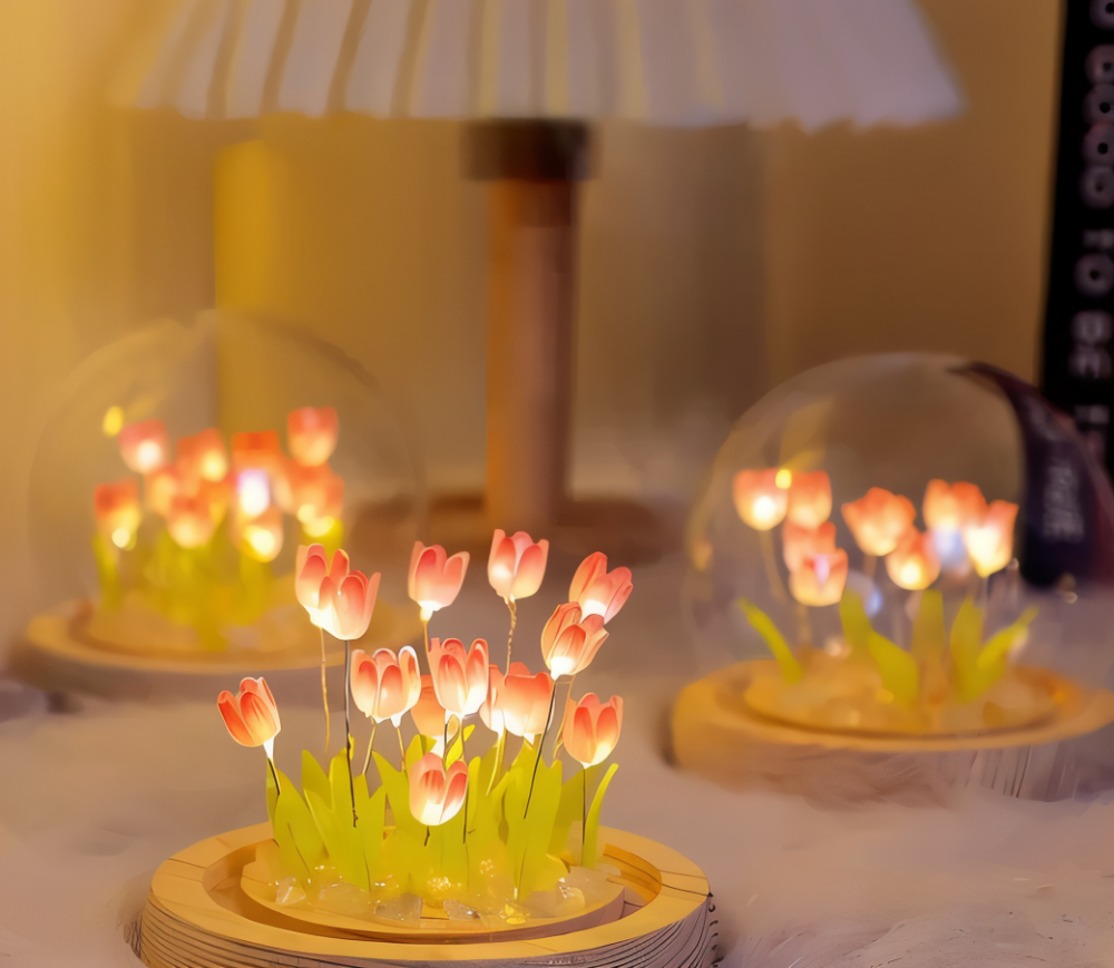 LED blomsterlampe tulipaner – dekorationslampe med glaskuppel batteri