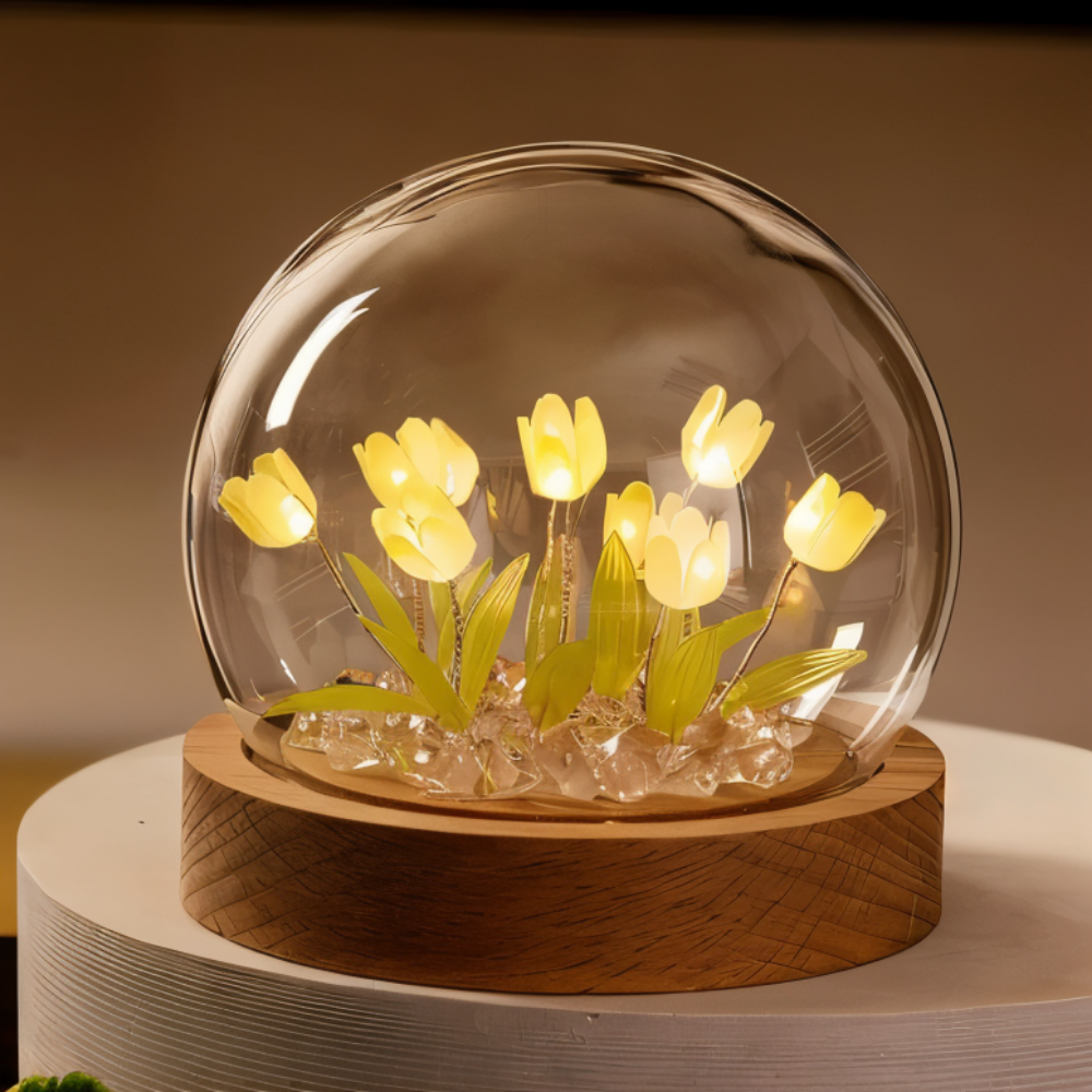 LED blomsterlampe tulipaner – dekorationslampe med glaskuppel batteri