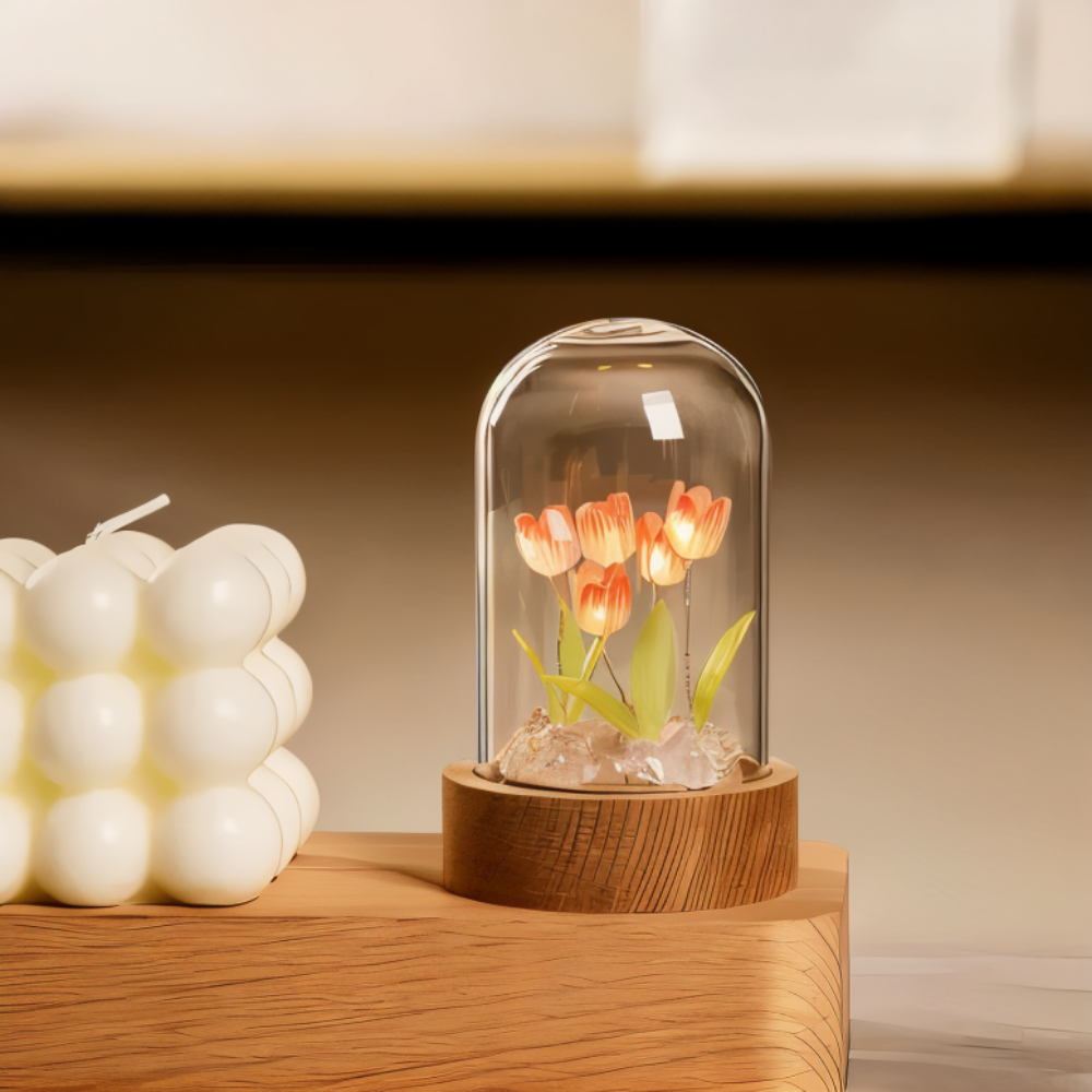 LED blomsterlampe tulipaner – dekorationslampe med glaskuppel batteri