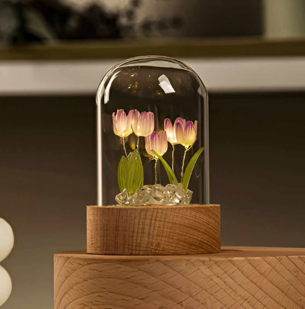 LED blomsterlampe tulipaner – dekorationslampe med glaskuppel batteri