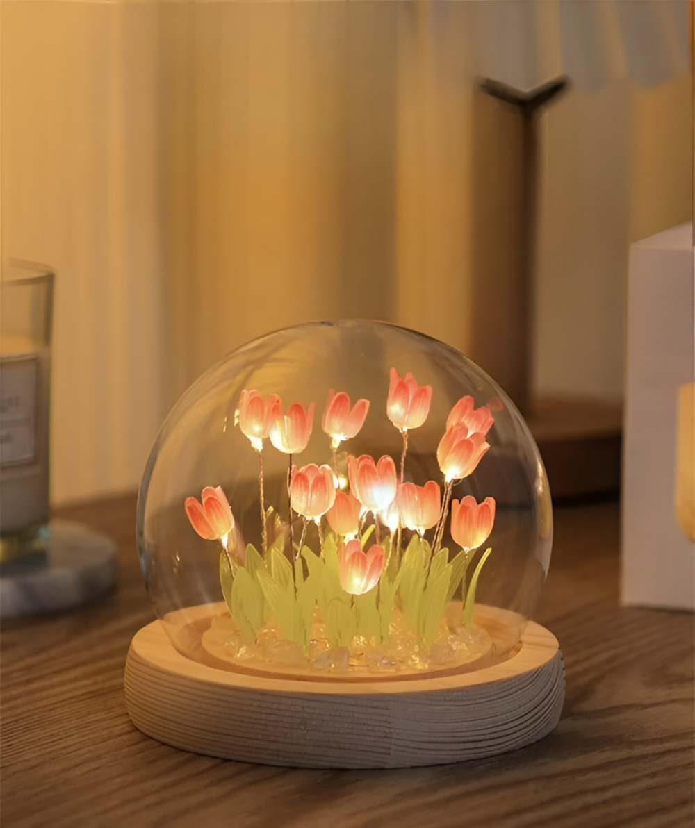 LED blomsterlampe tulipaner – dekorationslampe med glaskuppel batteri