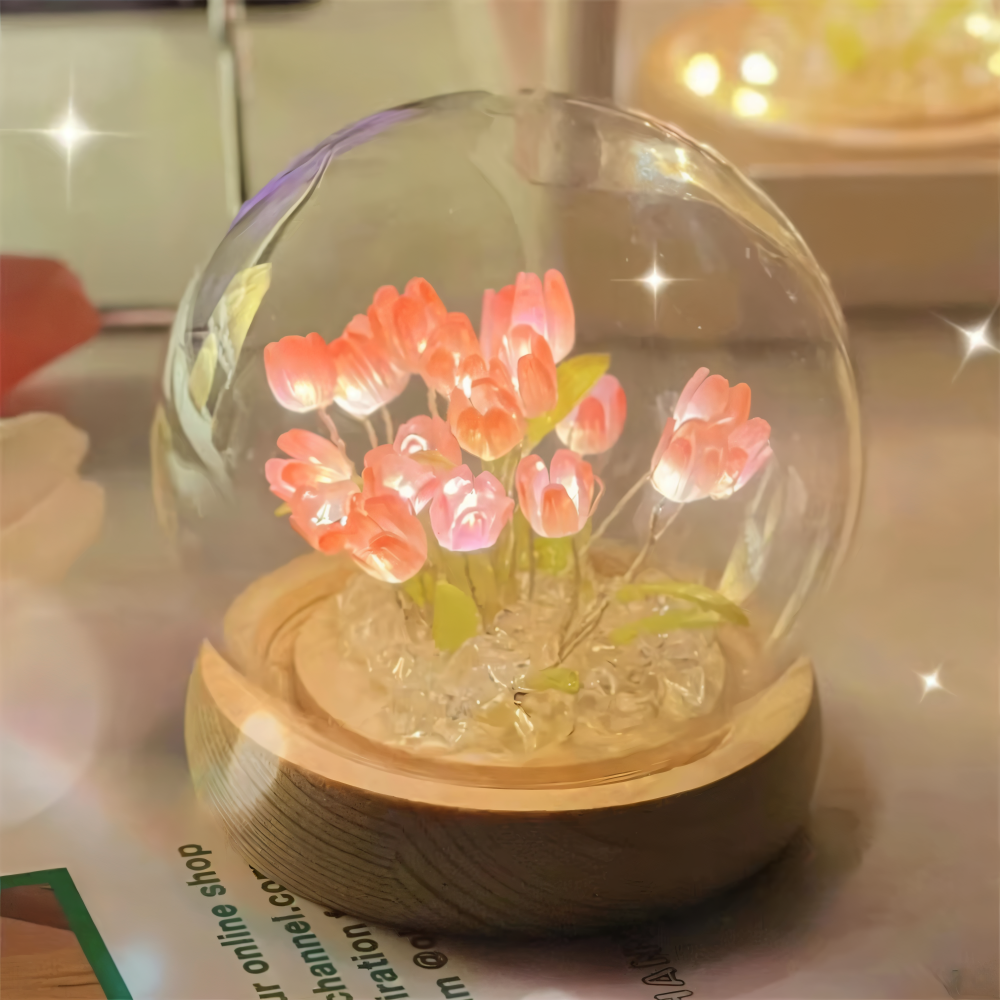 LED blomsterlampe tulipaner – dekorationslampe med glaskuppel batteri