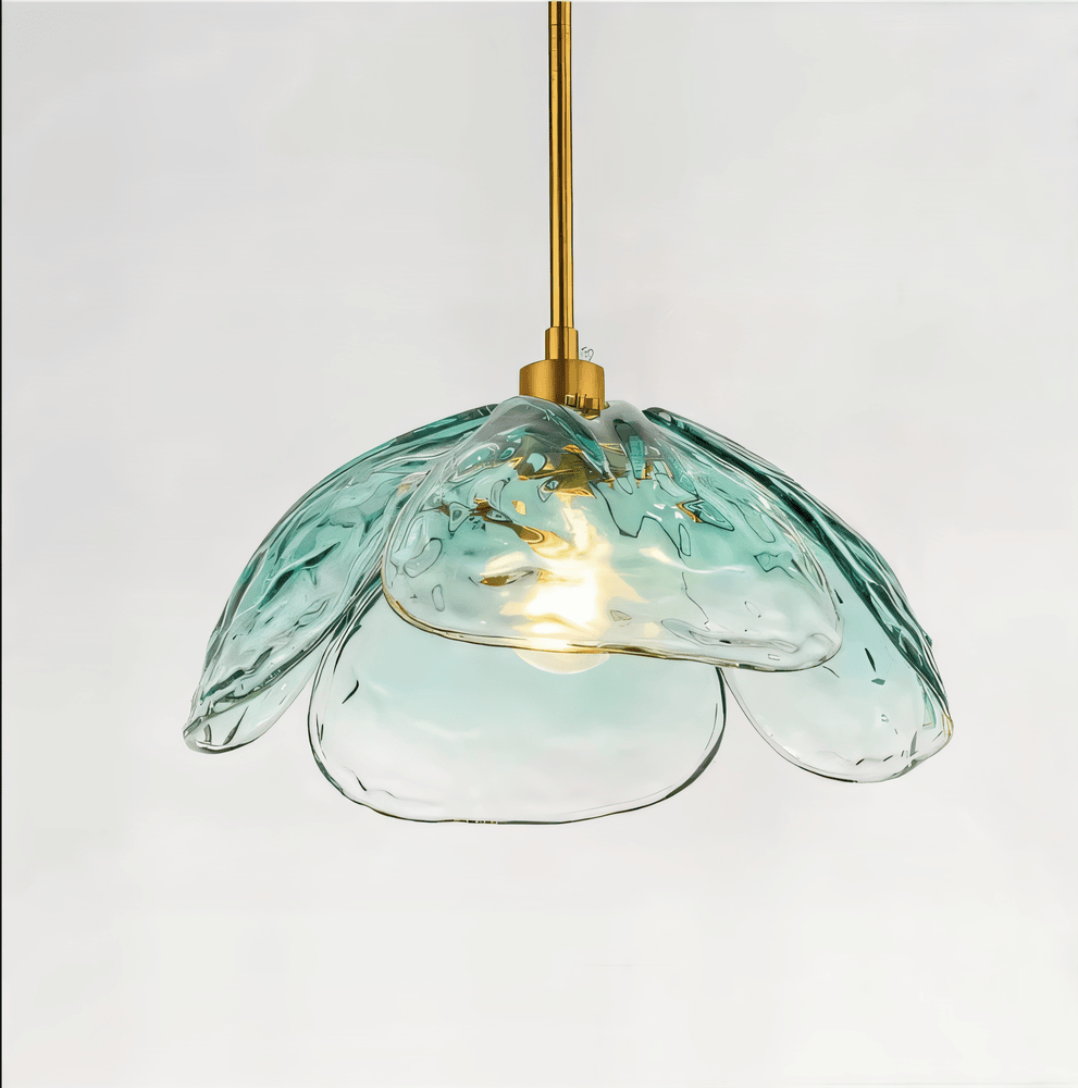 Pendellampe i farvet glas – blomsterdesign med LED lys