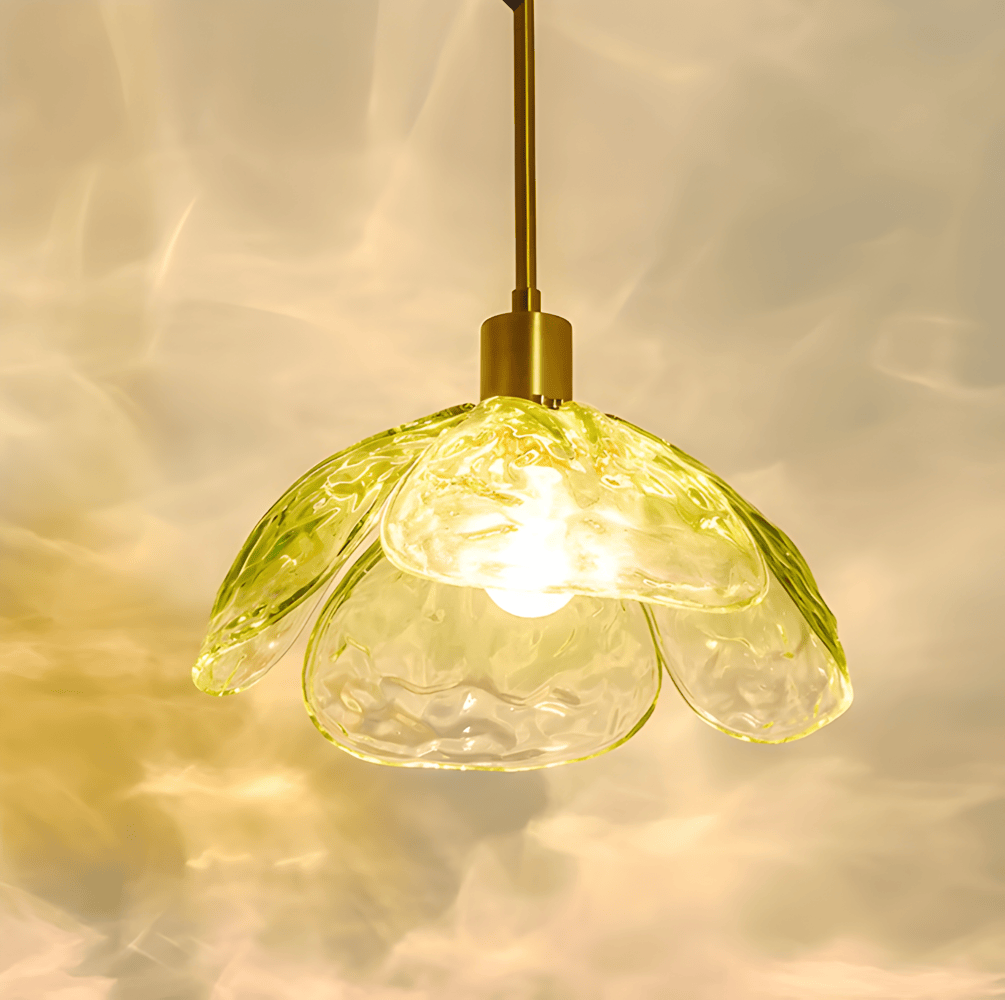 Pendellampe i farvet glas – blomsterdesign med LED lys