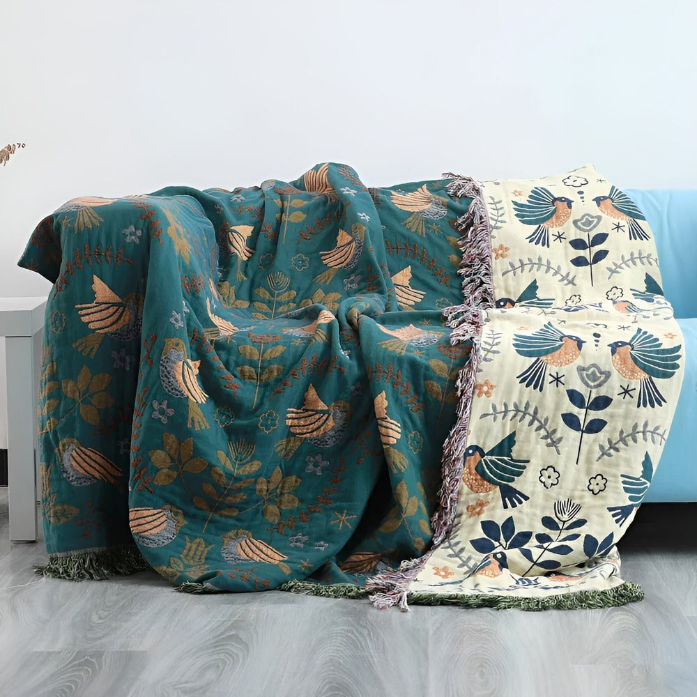 Floravia Plaid – Vendbar Bomuldsplaid med Broderede Fugle & Blomster i Boho Stil