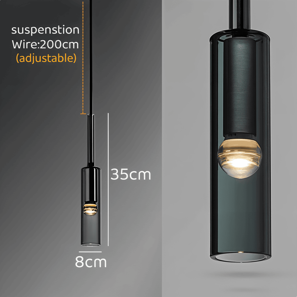 Cylinderformet pendellampe i røgfarvet glas
