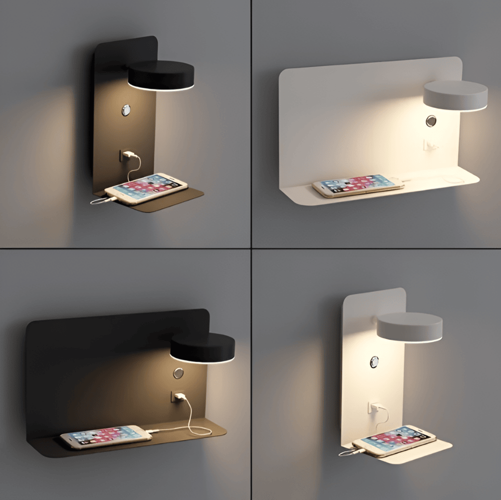 LED væglampe i aluminium med hylde og USB – dæmpbar sengelampe